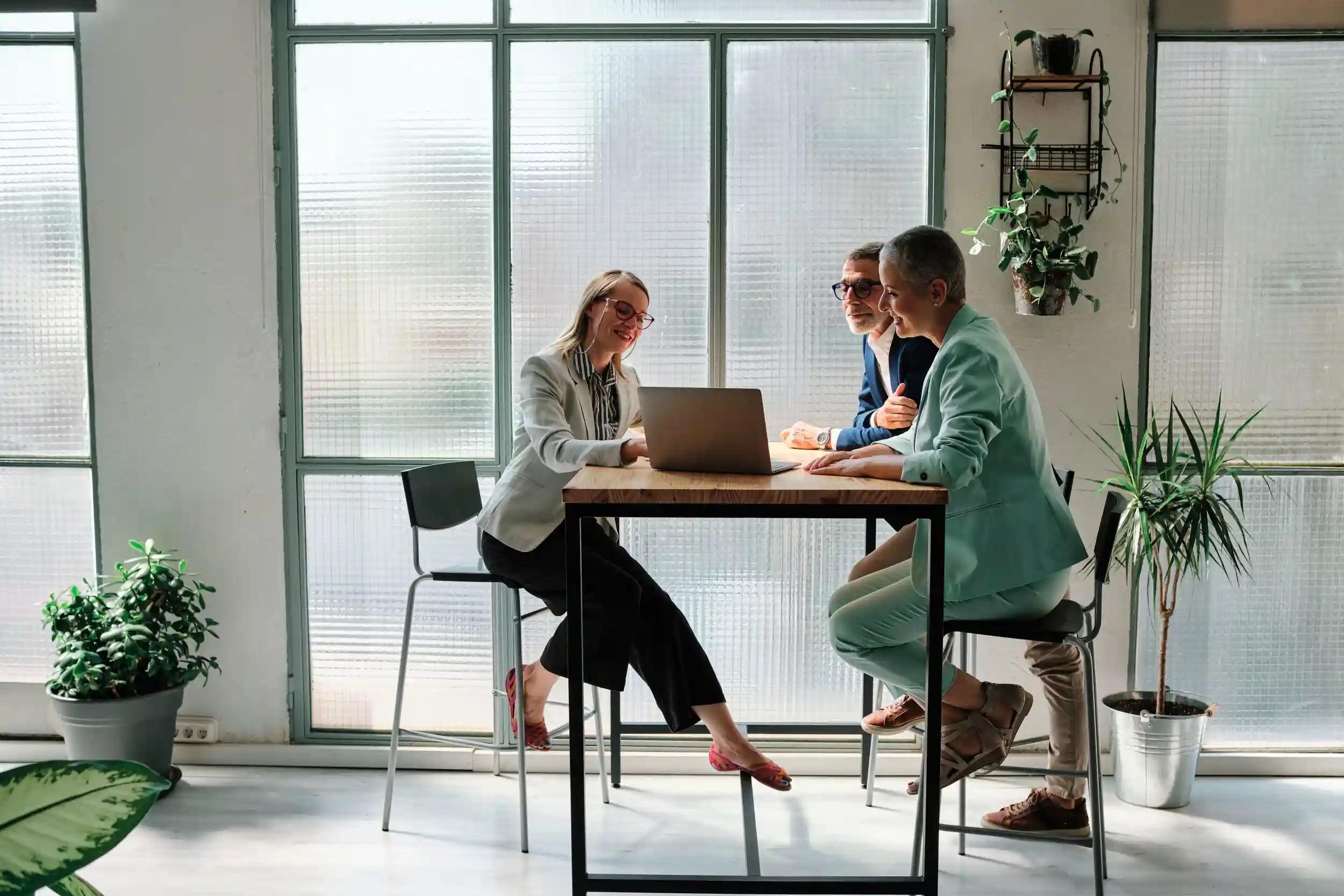 Professionals discussing a project at a laptop